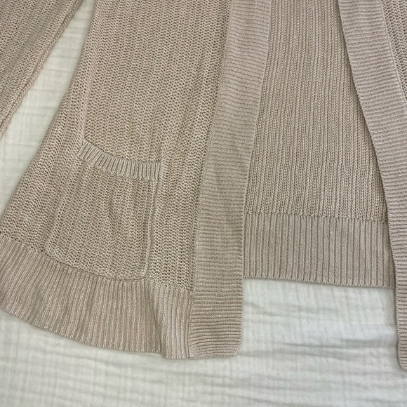 Talbots Linen Open Cardigan Long Sleeve Sweater Pockets Tan Cream Office Medium - Picture 3 of 15